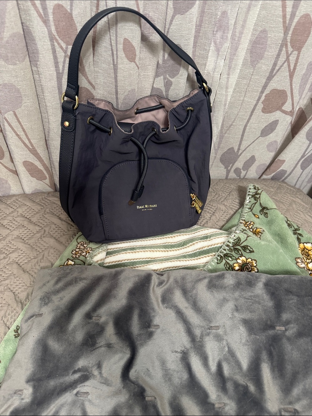 Isaac Mizrahi Dark Navy Drawstring Hobo with Gold Hardware